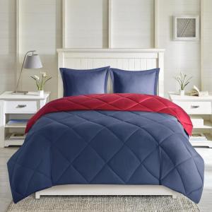 Madison Park Comfort Classics Larkspur Reversible Down Alternative 3M Scotchgard Comforter Mini Set, Full/Queen, Red/Black(Red/Navy)