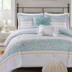 Madison Park Comforter Set, Seersucker Floral King Size Comforter Sets, Microfiber Comforters, All Season Lightweight Comforter, Throw Pillows, Caralie, Full/Queen Purple 5 Piece(Aqua 5pcs)