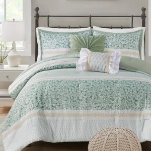 Madison Park Comforter Set, Seersucker Floral King Size Comforter Sets, Microfiber Comforters, All Season Lightweight Comforter, Throw Pillows, Caralie, Full/Queen Purple 5 Piece(Green 5pcs)