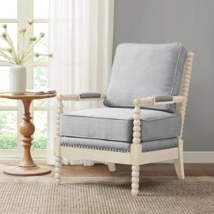 Madison Park Donohue Mid-Century Modern Accent Chairs for Living Room with Nailhead Trim, Solid Wood, Oakwood Finish, Upholstered Seat, Lounge for Reading Bedroom Furniture, Light Grey(Light Blue/Antique Cream)