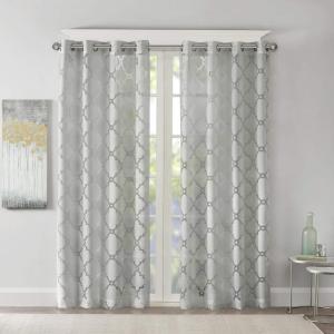 Madison Park Eden Single Curtain for Bedroom, Modern Contemporary Light Sheers for Living Room, Geometric Pattern with Grommet, 50×95, White(Grey)
