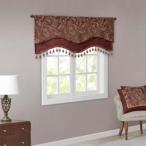 Madison Park Faux Silk Paisley Jacquard, Rod Pocket Curtain with Privacy Lining for Living Room, Kitchen, Bedroom and Dorm, 50 in x 18 in, Black Bead Trim(Burgundy Bead Trim Valance)