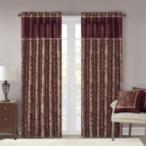 Madison Park Faux Silk Paisley Jacquard, Rod Pocket Curtain with Privacy Lining for Living Room, Kitchen, Bedroom and Dorm, 50 in x 18 in, Black Bead Trim(Burgundy Panel Pair)