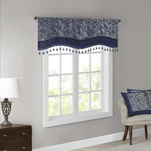 Madison Park Faux Silk Paisley Jacquard, Rod Pocket Curtain with Privacy Lining for Living Room, Kitchen, Bedroom and Dorm, 50 in x 18 in, Black Bead Trim(Navy Bead Trim Valance)