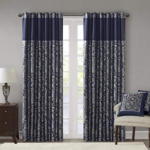 Madison Park Faux Silk Paisley Jacquard, Rod Pocket Curtain with Privacy Lining for Living Room, Kitchen, Bedroom and Dorm, 50 in x 18 in, Black Bead Trim(Navy Panel Pair)