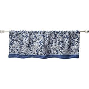Madison Park Faux Silk Paisley Jacquard, Rod Pocket Curtain with Privacy Lining for Living Room, Kitchen, Bedroom and Dorm, 50 in x 18 in, Black Bead Trim(Navy Valance)