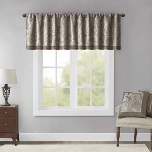 Madison Park Faux Silk Paisley Jacquard, Rod Pocket Curtain with Privacy Lining for Living Room, Kitchen, Bedroom and Dorm, 50 in x 18 in, Black Bead Trim(Taupe Valance)