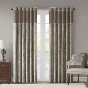 Madison Park Faux Silk Paisley Jacquard, Rod Pocket Curtain with Privacy Lining for Living Room, Kitchen, Bedroom and Dorm, 50 in x 18 in, Black Bead Trim(Taupe Panel Pair)