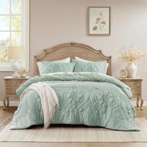 Madison Park Floral Jersey Comforter Set, Puffy Cloud Queen Size Comforters Crinkled Farmhouse Rustic Shabby Chic Bedding Set, Ultra-Soft All Season Down Alternative, Sage Green 3-Piece(Sage Green)