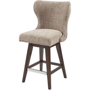 Madison Park Glenwood Upholstered Swivel Counter Stools, Height Kitchen Chair, Solid Wood, Bronze Metal Kickplate Footrest, Back Support, Pipped Fabric, Dining Room Accent Furniture, Cream(Hancock Camel/Brown)