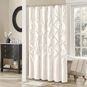 Madison Park Laurel Semi-Sheer Black Shower Curtain – Lightweight Faux Silk Fabric, 72×72 in, Light Filtering, Modern Style Bathroom Curtain Textured Tufting Detail Modern Mid-Century Bathroom Decor(White)
