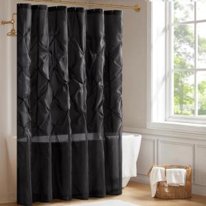 Madison Park Laurel Semi-Sheer Black Shower Curtain – Lightweight Faux Silk Fabric, 72×72 in, Light Filtering, Modern Style Bathroom Curtain Textured Tufting Detail Modern Mid-Century Bathroom Decor(Black)