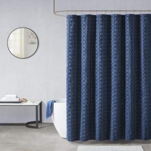 Madison Park Metro Bathroom Shower, Textured Woven Clipped Design Modern Mid-Century Privacy Bath Fabric Curtains, 72″x72″, Sand(Navy)
