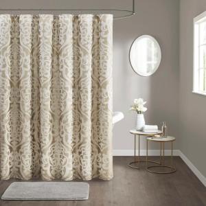 Madison Park Odette Fabric Shower Curtain Luxe Textured Jacquard, Damask Medallion Machine Washable Modern Home Bathroom Decor, Bathtub Privacy Screen, 72″ x 72″, Silver(Tan/Ivory)