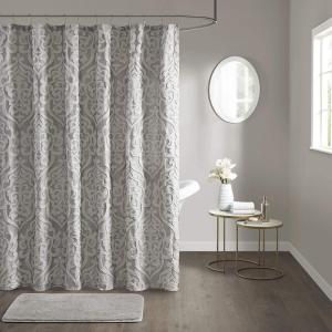 Madison Park Odette Fabric Shower Curtain Luxe Textured Jacquard, Damask Medallion Machine Washable Modern Home Bathroom Decor, Bathtub Privacy Screen, 72″ x 72″, Silver(Silver/Sliver)