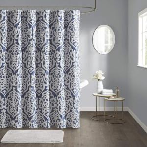 Madison Park Odette Fabric Shower Curtain Luxe Textured Jacquard, Damask Medallion Machine Washable Modern Home Bathroom Decor, Bathtub Privacy Screen, 72″ x 72″, Silver(Navy/Silver)