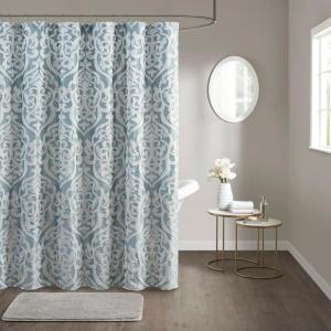 Madison Park Odette Fabric Shower Curtain Luxe Textured Jacquard, Damask Medallion Machine Washable Modern Home Bathroom Decor, Bathtub Privacy Screen, 72″ x 72″, Silver(Aqua/Silver)