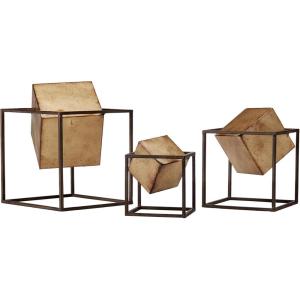 Madison Park Quad Cube Home Décor – 3 Piece Set Metal Accent Statue Modern Luxe Geomatric Art Sculpture Design Living Room Shelf Accessories, Multi Size, Black/Gold