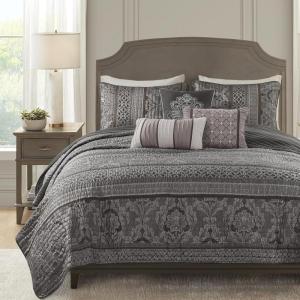 Madison Park Quilt Traditional Damask Design All Season, Lightweight Coverlet Bedspread Bedding Set, Matching Shams, Pillows, 104″x94″, Bellagio, Jacquard Grey, 6 Piece(Grey)