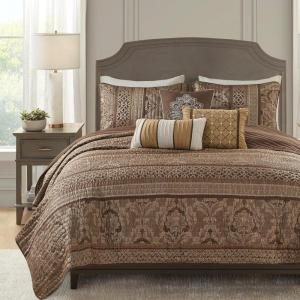 Madison Park Quilt Traditional Damask Design All Season, Lightweight Coverlet Bedspread Bedding Set, Matching Shams, Pillows, 104″x94″, Bellagio, Jacquard Grey, 6 Piece(Brown/Gold)