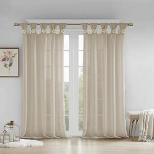 Madison Park Rosette Floral Embellished Cuff Tab Top Solid Window Treatments Single Curtain Panel Drape for Bedroom Living Room and Dorm, 50″x84″, White(Linen)