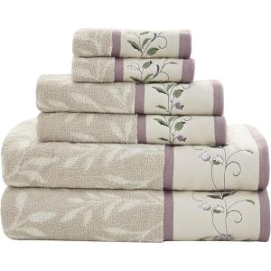Madison Park Serene 100% Cotton Bath Towel Set Luxurious Floral Decorative Towels for Bathroom Embroidered Cotton Jacquard Design Soft Highly Absorbent for Shower 600 GSM, Multi-Sizes, Green 6 Piece(Purple)