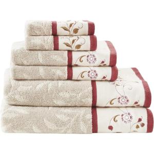 Madison Park Serene 100% Cotton Bath Towel Set Luxurious Floral Decorative Towels for Bathroom Embroidered Cotton Jacquard Design Soft Highly Absorbent for Shower 600 GSM, Multi-Sizes, Green 6 Piece(Red)