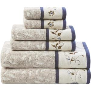 Madison Park Serene 100% Cotton Bath Towel Set Luxurious Floral Decorative Towels for Bathroom Embroidered Cotton Jacquard Design Soft Highly Absorbent for Shower 600 GSM, Multi-Sizes, Green 6 Piece(Navy)