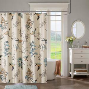 Madison Park Shower Curtain, Bird & Leaf Print, Farmhouse Shower Curtain for Bathroom, Modern Country Bathroom Décor, Machine Washable, Cotton Shower Curtain, Quincy, 72×72″ Khaki