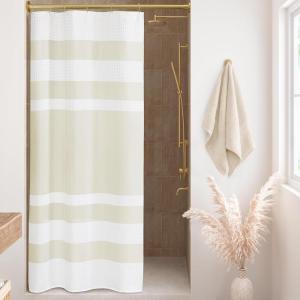 Madison Park Shower Curtain Spa Waffle Weave Stall Shower Curtain for Bathroom 3M Scotchgard Moisture Management, Spa Quality Modern Shower Curtains for Bathroom, Stall 36×72” Taupe(Stripe Cream)
