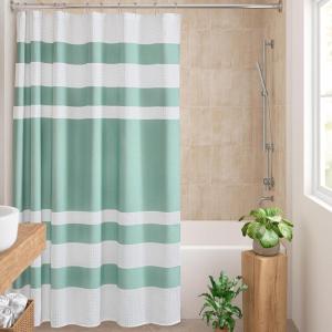 Madison Park Shower Curtain Spa Waffle Weave Stall Shower Curtain for Bathroom 3M Scotchgard Moisture Management, Spa Quality Modern Shower Curtains for Bathroom, Stall 36×72” Taupe(Stripe Aqua)