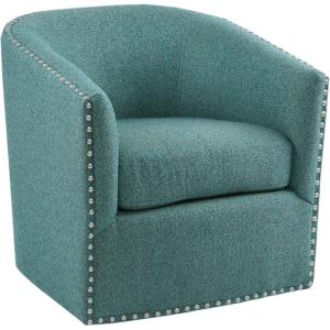 Madison Park Swivel Barrel Accent Chair, Upholstered Curved Back with 7-Inch Thick Woven Cushion, 360° Swivel, Nailhead Trim, Comfy Chair for Living Room, Bedroom, Office, 28″ Wide, Neutral, Tyler(Teal)