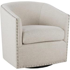 Madison Park Swivel Barrel Accent Chair, Upholstered Curved Back with 7-Inch Thick Woven Cushion, 360° Swivel, Nailhead Trim, Comfy Chair for Living Room, Bedroom, Office, 28″ Wide, Neutral, Tyler(Natural Multi)