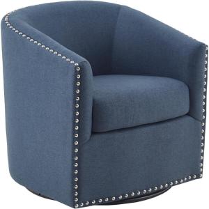 Madison Park Swivel Barrel Accent Chair, Upholstered Curved Back with 7-Inch Thick Woven Cushion, 360° Swivel, Nailhead Trim, Comfy Chair for Living Room, Bedroom, Office, 28″ Wide, Neutral, Tyler(Blue)