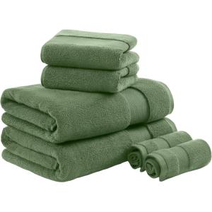Madison Park Turkish 100% Cotton 600Gsm Luxury Premium Thick Soft Absorbent Hotel Bathroom Towel Set Shower Hand Face Washcloths, Assorted Sizes, Natural 6 Piece(Green)