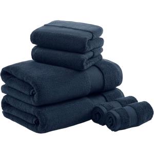 Madison Park Turkish 100% Cotton 600Gsm Luxury Premium Thick Soft Absorbent Hotel Bathroom Towel Set Shower Hand Face Washcloths, Assorted Sizes, Natural 6 Piece(Navy)