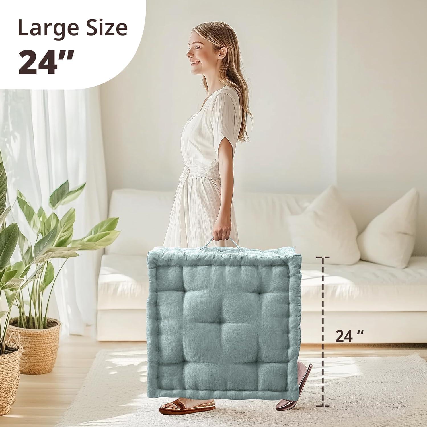 imageIntelligent Design Azza Floor Pillow Large Cushions Sitting for Adults Floor Pillow for Meditation or Yoga Lustrous Chenille Tufted with Scalloped Edges for BenchChair Cushion 20quotx20quotx5quot IvorySquare Aqua With Handle