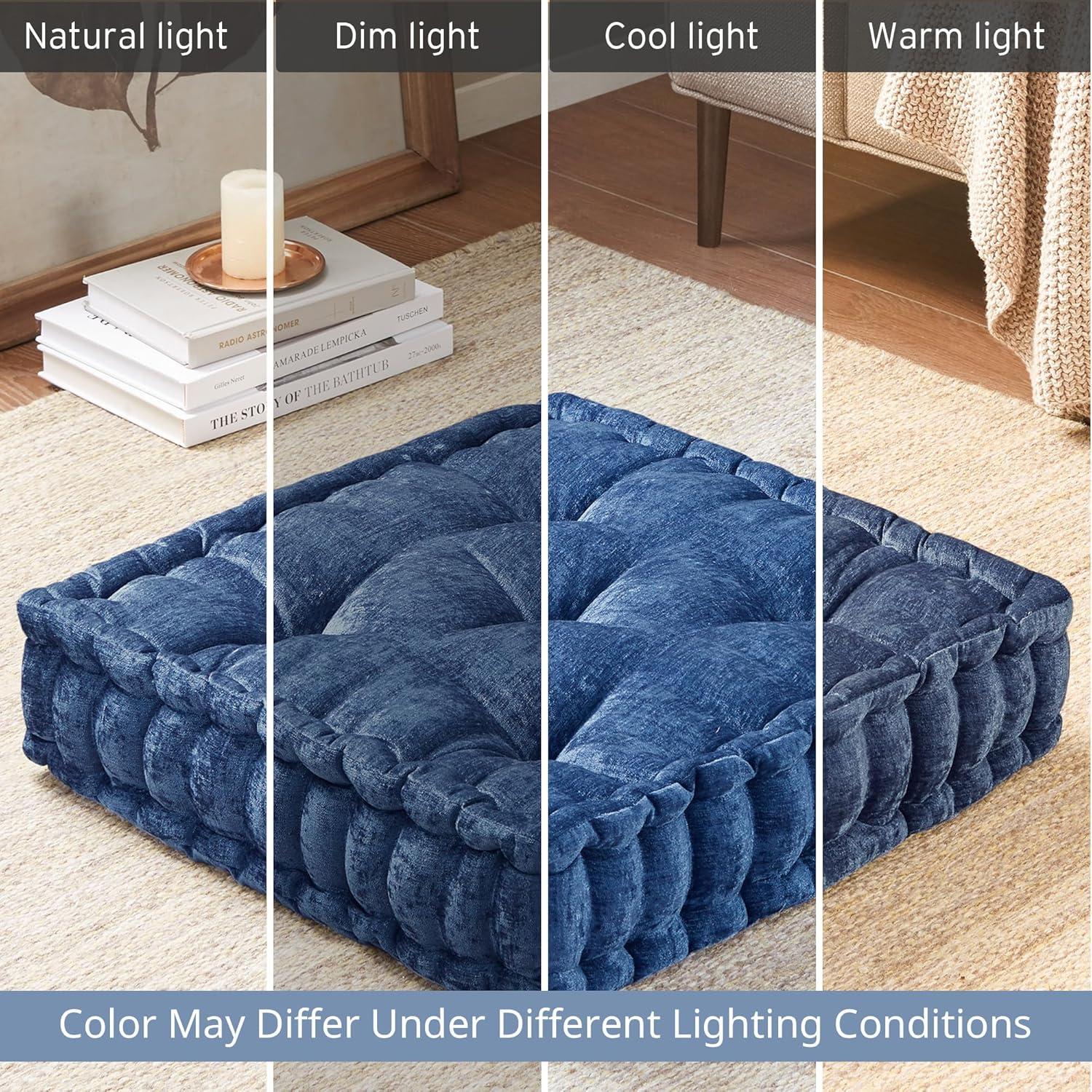 imageIntelligent Design Azza Floor Pillow Large Cushions Sitting for Adults Floor Pillow for Meditation or Yoga Lustrous Chenille Tufted with Scalloped Edges for BenchChair Cushion 20quotx20quotx5quot IvorySquare Navy