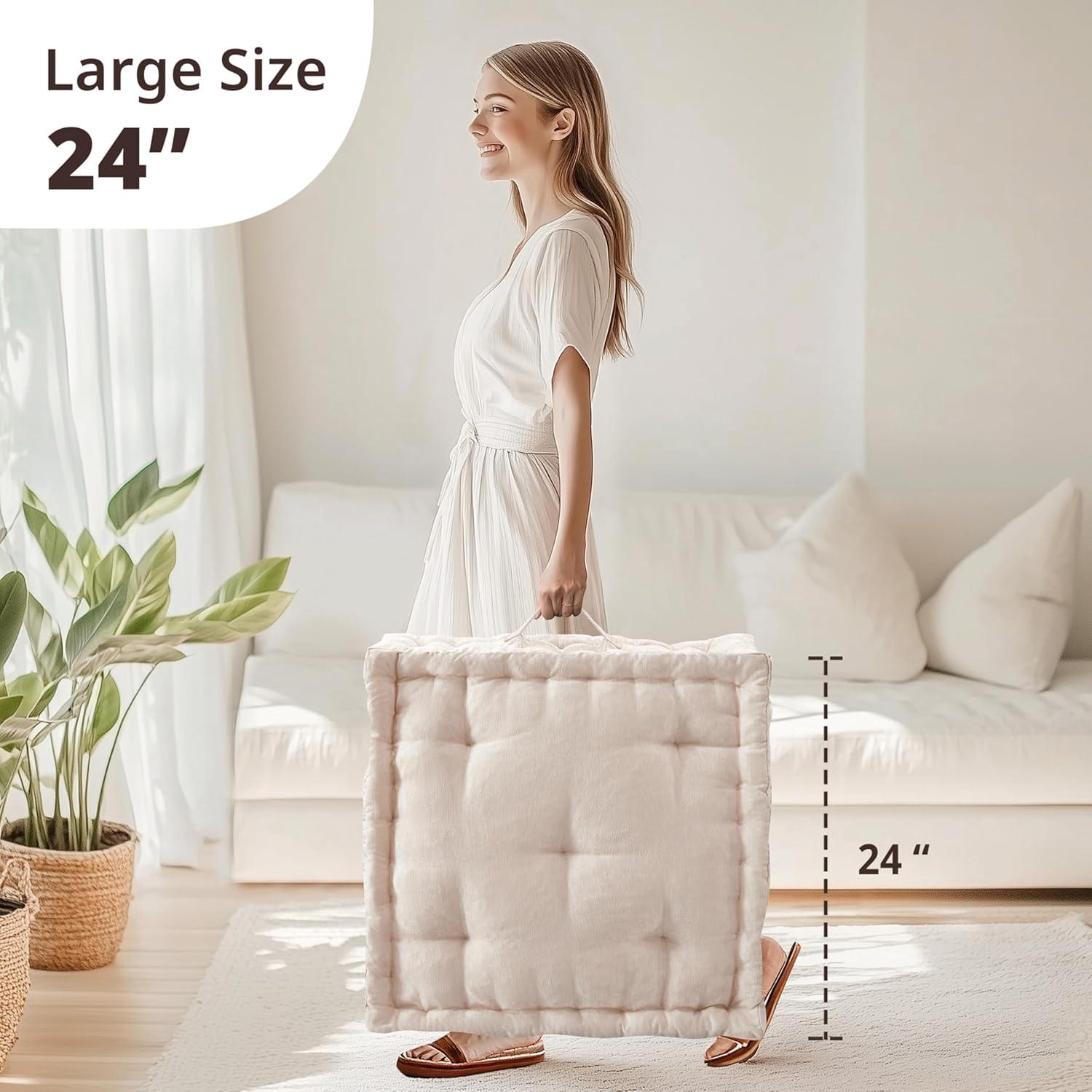 imageIntelligent Design Azza Floor Pillow Large Cushions Sitting for Adults Floor Pillow for Meditation or Yoga Lustrous Chenille Tufted with Scalloped Edges for BenchChair Cushion 20quotx20quotx5quot IvorySquare Ivory With Handle