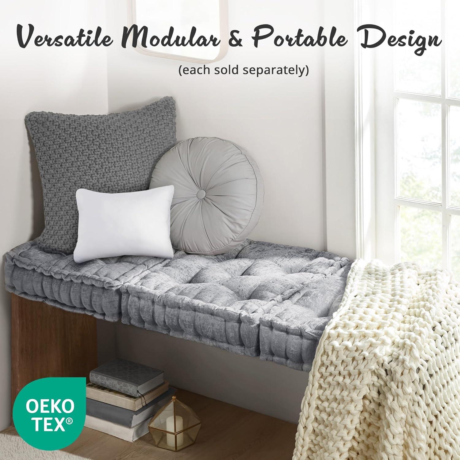 imageIntelligent Design Azza Floor Pillow Large Cushions Sitting for Adults Floor Pillow for Meditation or Yoga Lustrous Chenille Tufted with Scalloped Edges for BenchChair Cushion 20quotx20quotx5quot IvorySquare Grey