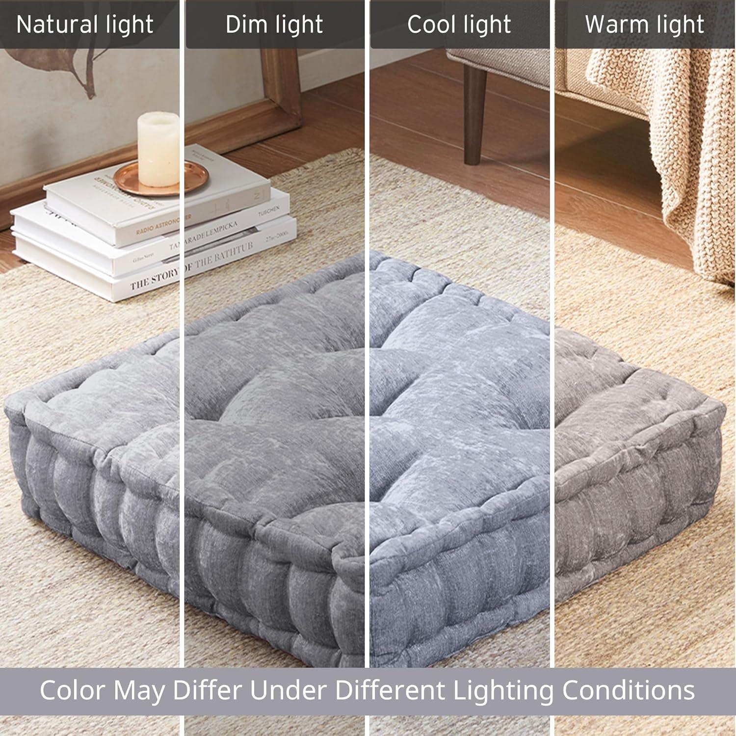 imageIntelligent Design Azza Floor Pillow Large Cushions Sitting for Adults Floor Pillow for Meditation or Yoga Lustrous Chenille Tufted with Scalloped Edges for BenchChair Cushion 20quotx20quotx5quot IvorySquare Grey