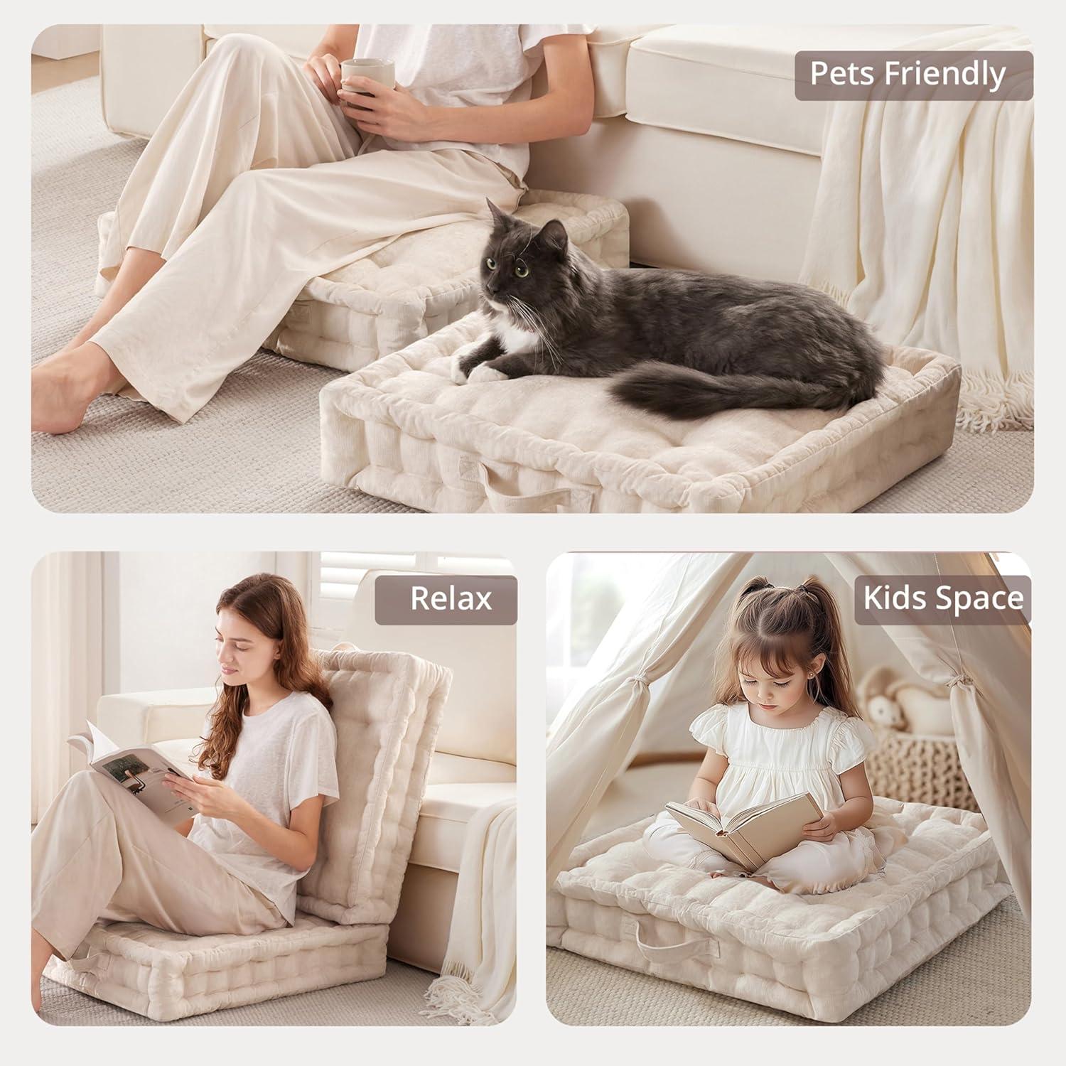 imageIntelligent Design Azza Floor Pillow Large Cushions Sitting for Adults Floor Pillow for Meditation or Yoga Lustrous Chenille Tufted with Scalloped Edges for BenchChair Cushion 20quotx20quotx5quot IvorySquare Ivory With Handle