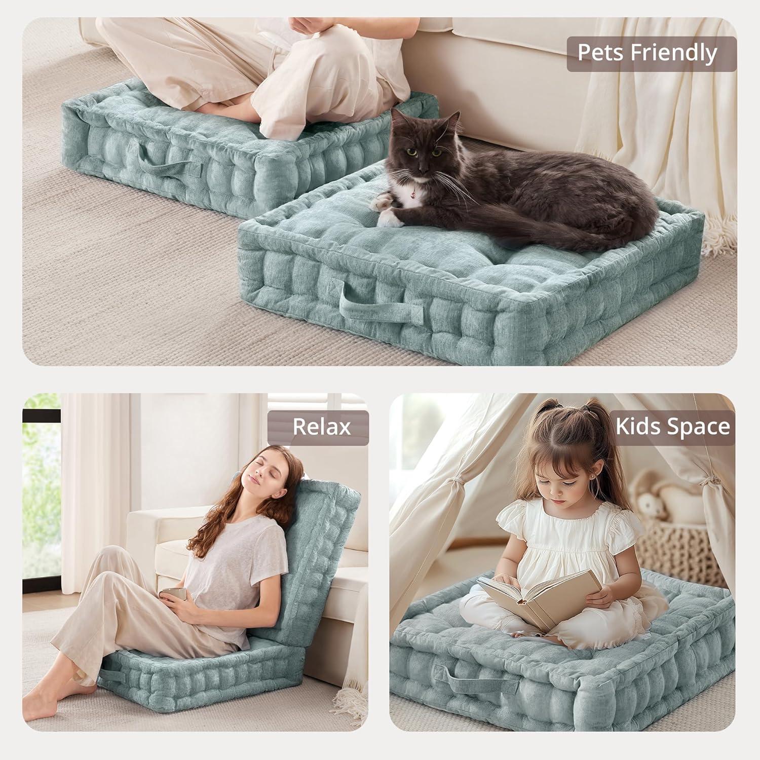imageIntelligent Design Azza Floor Pillow Large Cushions Sitting for Adults Floor Pillow for Meditation or Yoga Lustrous Chenille Tufted with Scalloped Edges for BenchChair Cushion 20quotx20quotx5quot IvorySquare Aqua With Handle