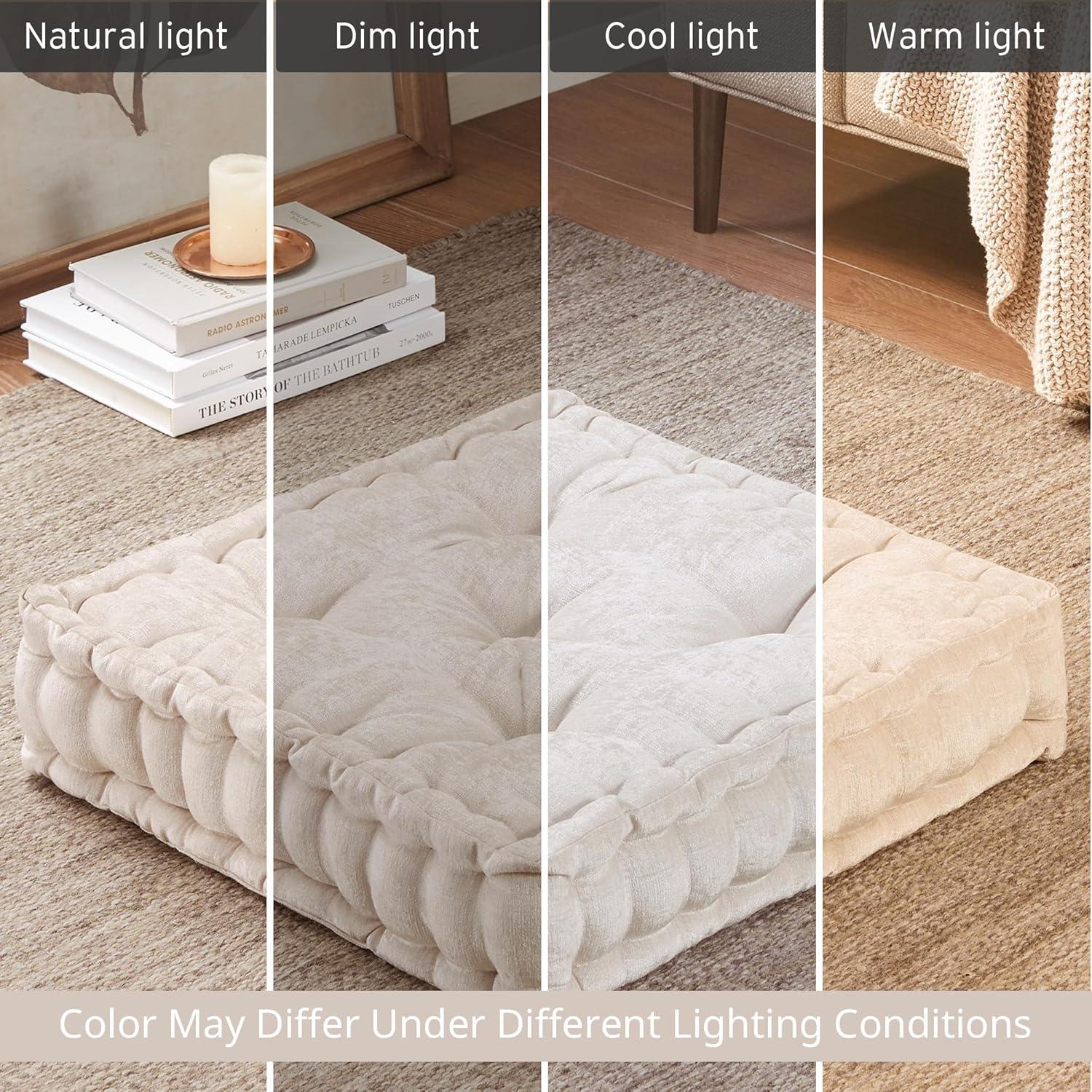 imageIntelligent Design Azza Floor Pillow Large Cushions Sitting for Adults Floor Pillow for Meditation or Yoga Lustrous Chenille Tufted with Scalloped Edges for BenchChair Cushion 20quotx20quotx5quot IvorySquare Ivory
