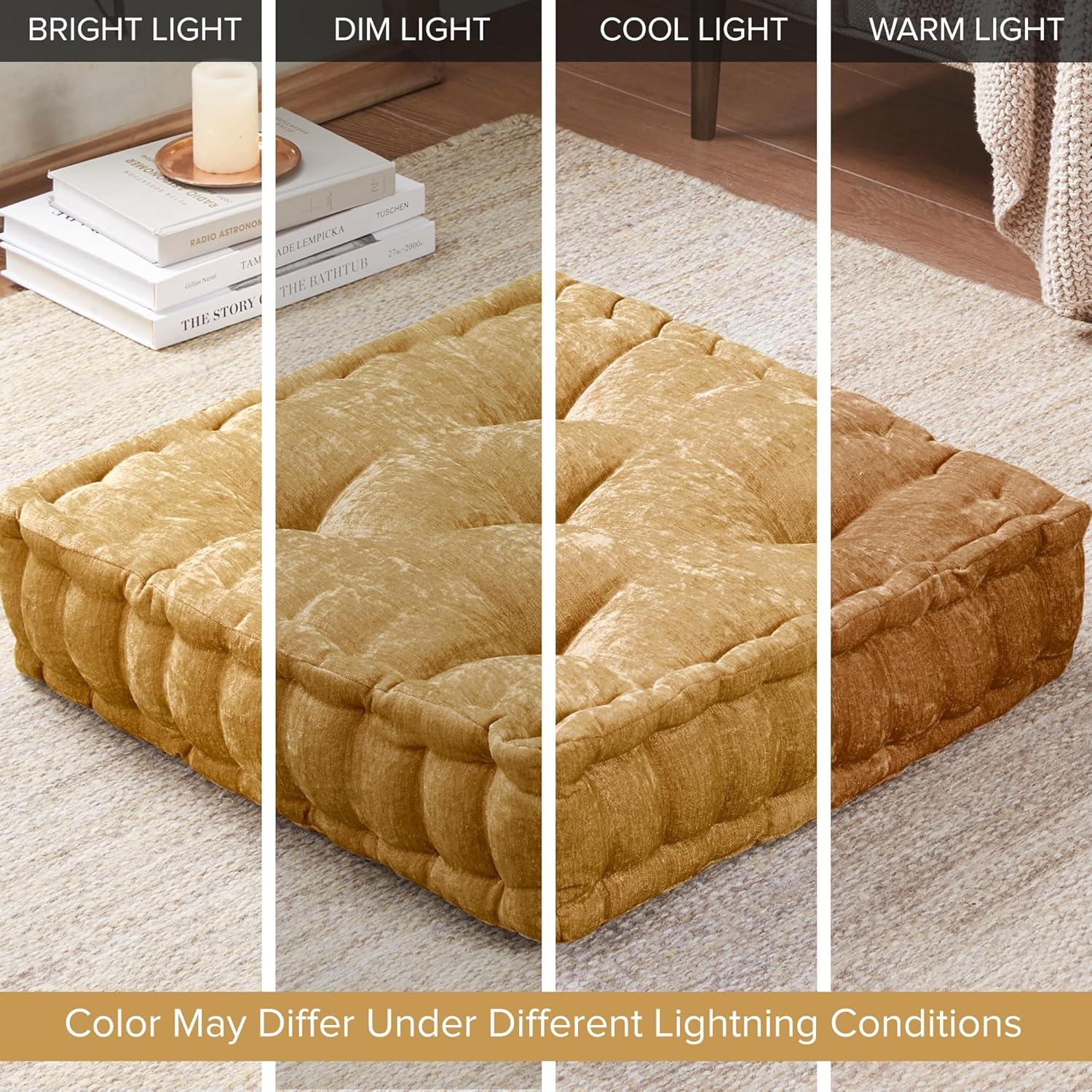 imageIntelligent Design Azza Floor Pillow Large Cushions Sitting for Adults Floor Pillow for Meditation or Yoga Lustrous Chenille Tufted with Scalloped Edges for BenchChair Cushion 20quotx20quotx5quot IvorySquare Yellow
