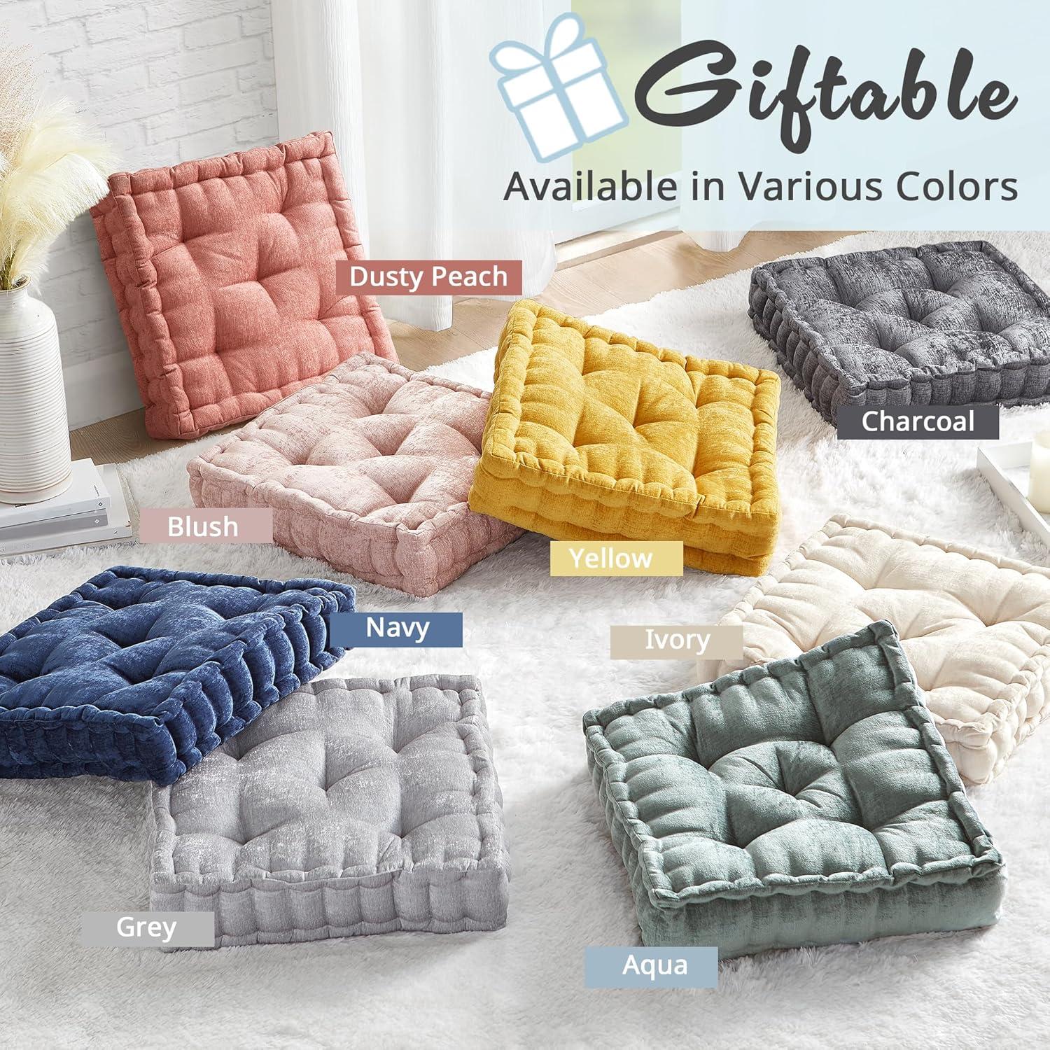 imageIntelligent Design Azza Floor Pillow Large Cushions Sitting for Adults Floor Pillow for Meditation or Yoga Lustrous Chenille Tufted with Scalloped Edges for BenchChair Cushion 20quotx20quotx5quot IvorySquare Ivory