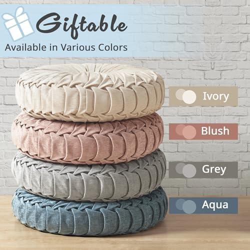 imageIntelligent Design Azza Floor Pillow Large Cushions Sitting for Adults Floor Pillow for Meditation or Yoga Lustrous Chenille Tufted with Scalloped Edges for BenchChair Cushion 20quotx20quotx5quot IvoryRound Aqua