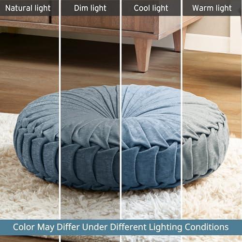 imageIntelligent Design Azza Floor Pillow Large Cushions Sitting for Adults Floor Pillow for Meditation or Yoga Lustrous Chenille Tufted with Scalloped Edges for BenchChair Cushion 20quotx20quotx5quot IvoryRound Aqua