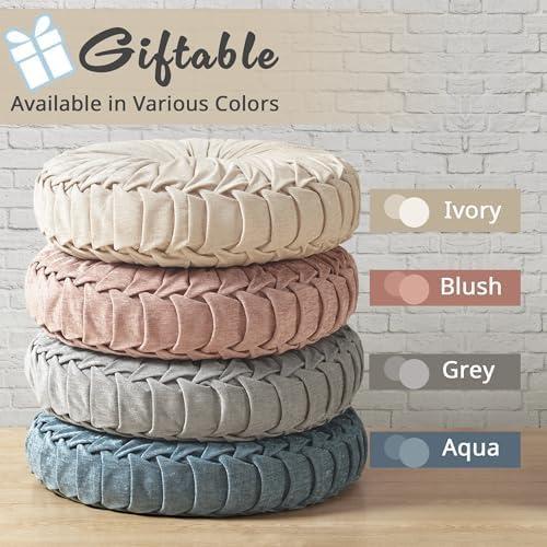 imageIntelligent Design Azza Floor Pillow Large Cushions Sitting for Adults Floor Pillow for Meditation or Yoga Lustrous Chenille Tufted with Scalloped Edges for BenchChair Cushion 20quotx20quotx5quot IvoryRound Ivory
