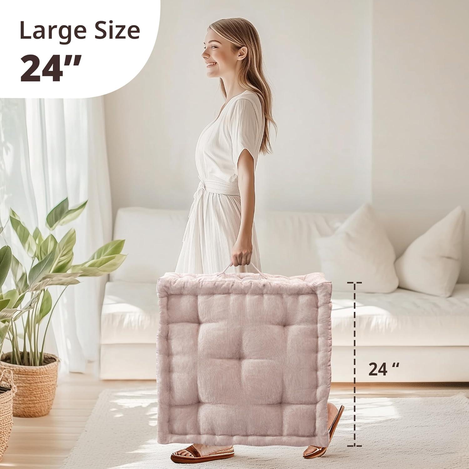 imageIntelligent Design Azza Floor Pillow Large Cushions Sitting for Adults Floor Pillow for Meditation or Yoga Lustrous Chenille Tufted with Scalloped Edges for BenchChair Cushion 20quotx20quotx5quot IvorySquare Blush With Handle
